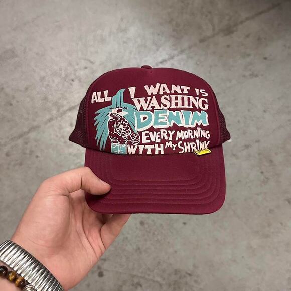 Kapital Burgundy Puff Print Laundry Denim Shrink Trucker Hat One Size - Picture 1 of 6